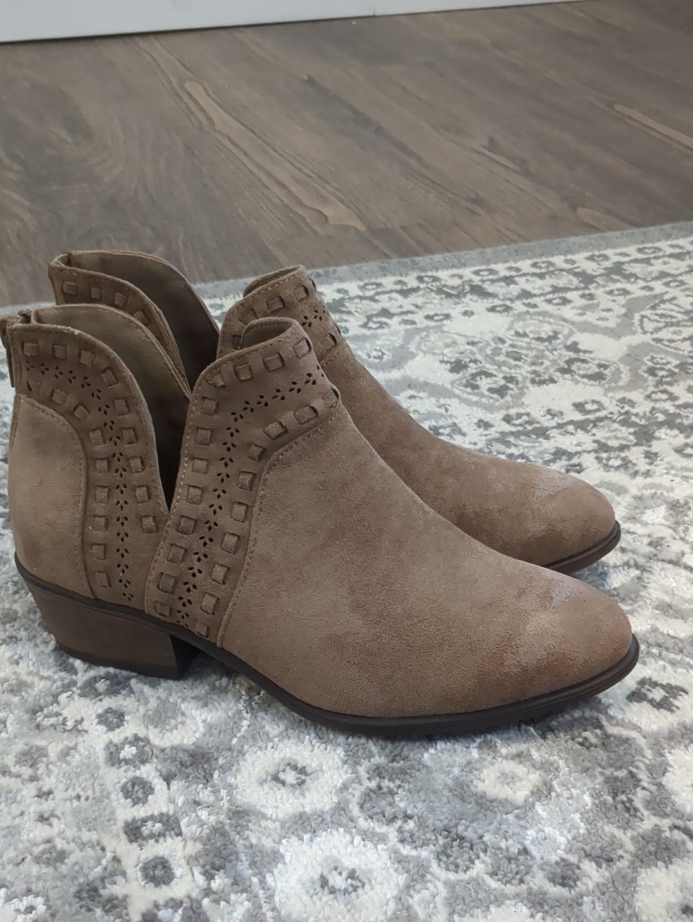 Natural Reflections Taupe Suede Cutout Ankle Booties